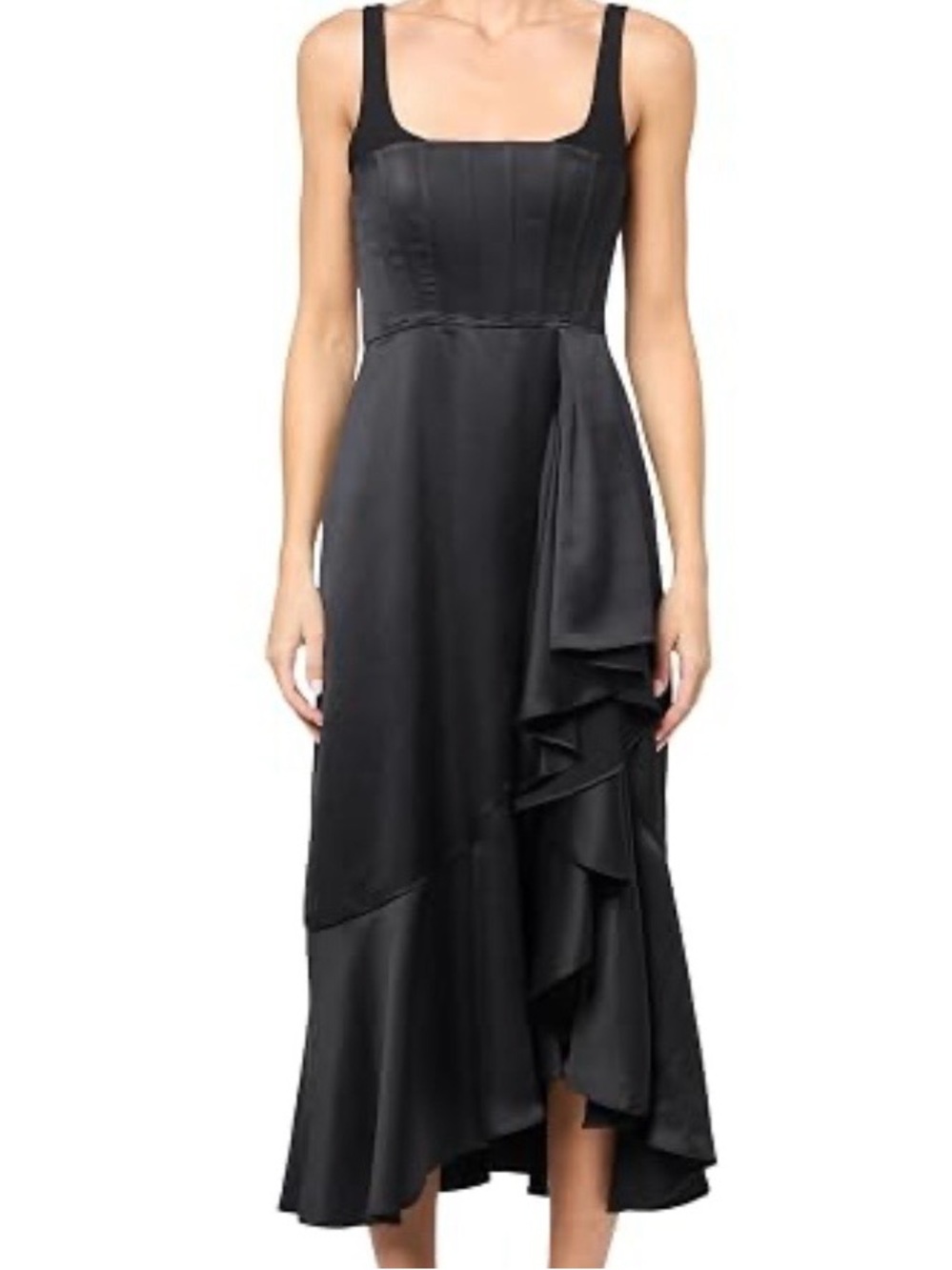 BCBGMaxAzria Black Satin High-Low Ruffle Dress